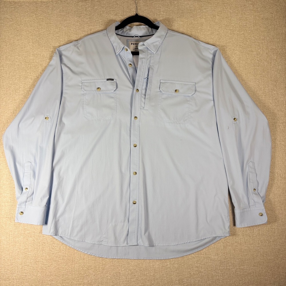 Poncho Outdoors Fishing Shirt Mens XXL Blue Magnetic Pockets Long Sleeve Hiking